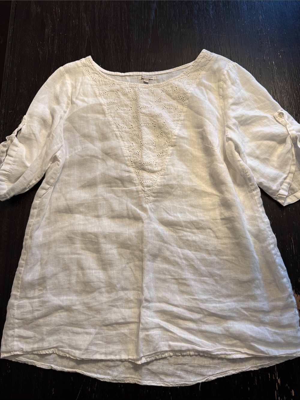 Women's White Linen Embroidered Scoop-Neck Tunic 100% Linen